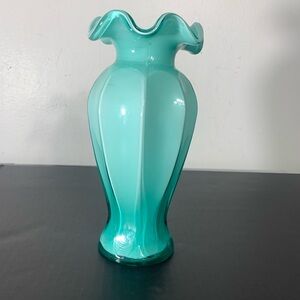 Cased Glass VaseTurquoise & White Ruffled edge 9”
